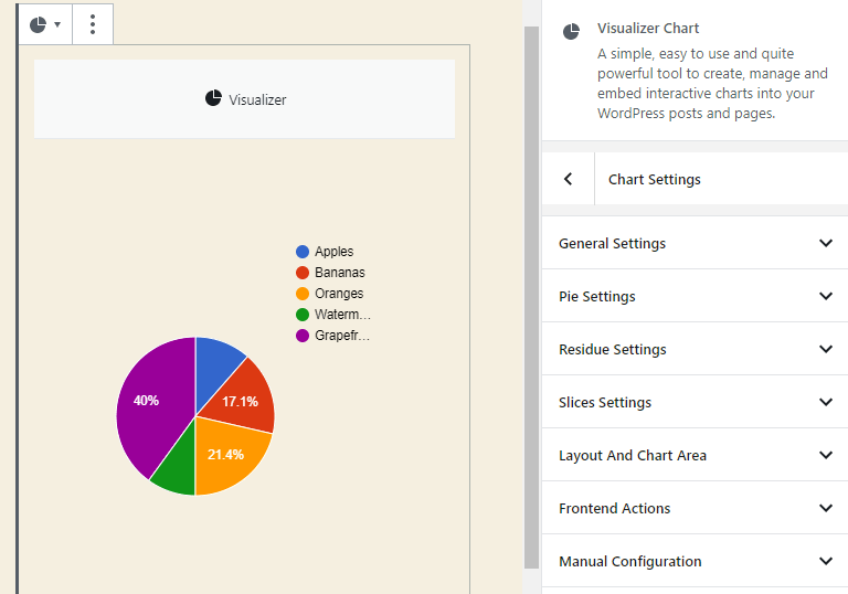Configuring your pie chart using the Block Editor.