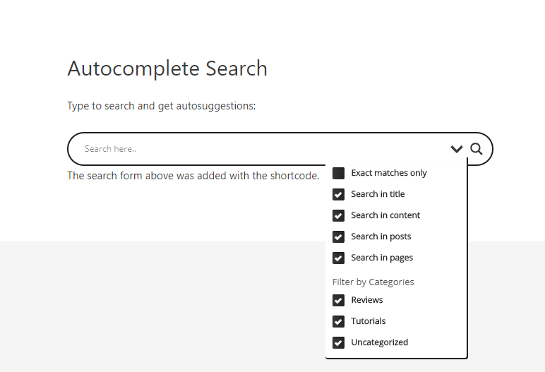Search filter options.