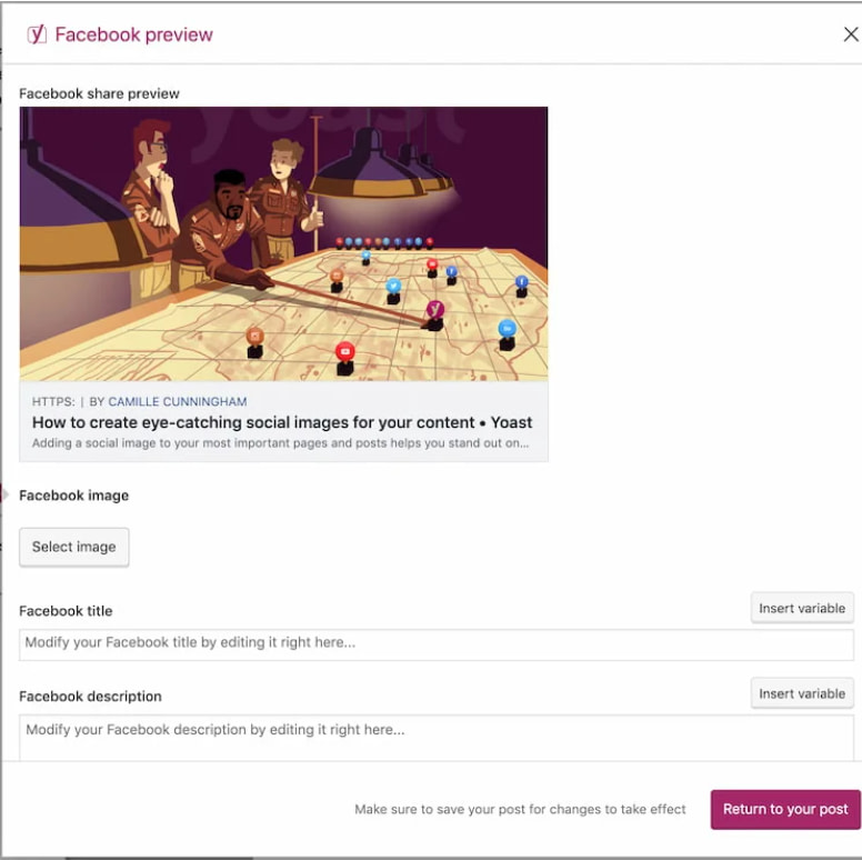 Yoast Facebook preview feature as shown in Yoast SEO review guide.