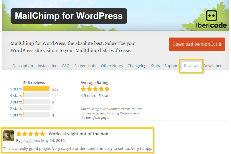 Viewing Mailchimp's WordPress Plugin Reviews