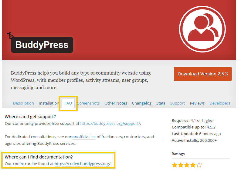 Viewing the BuddyPress WordPress Plugin's FAQs