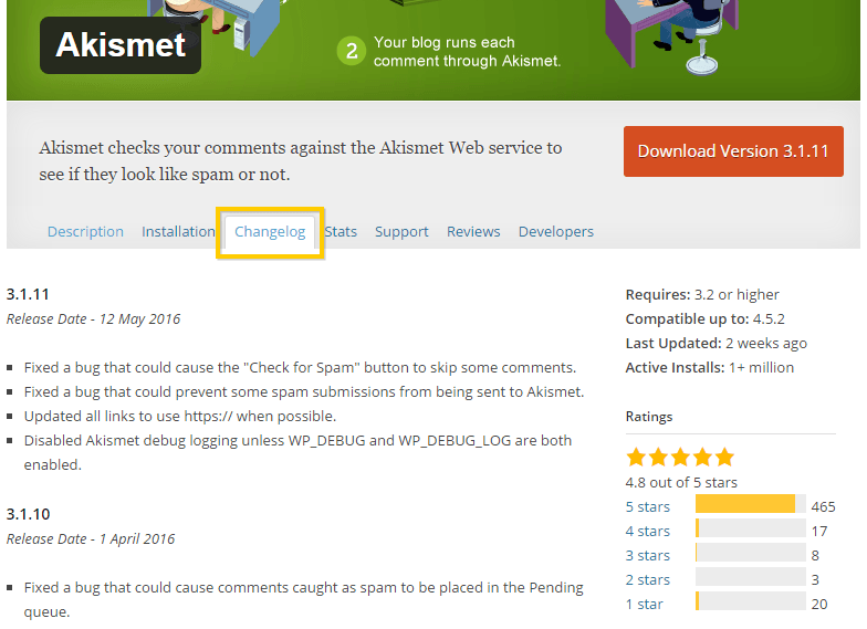 Viewing the changelog for the Akismet WordPress plugin
