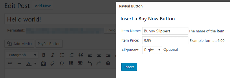 Configuring your new PayPal button.