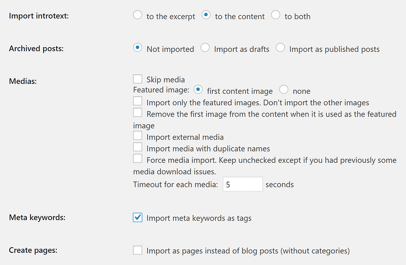 The Import content settings.