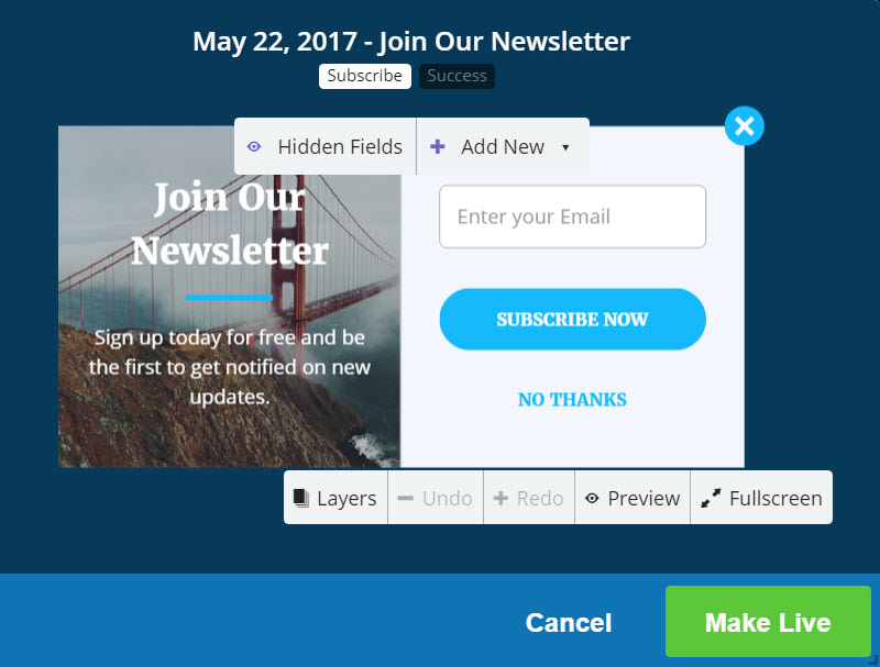Exit intent pop-ups Make Live
