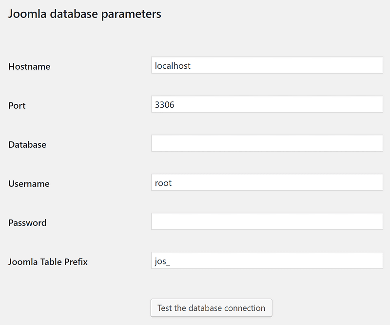 Настройки параметров импорта базы данных.