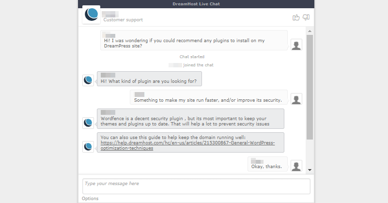 An exchange with the DreamHost live chat service.