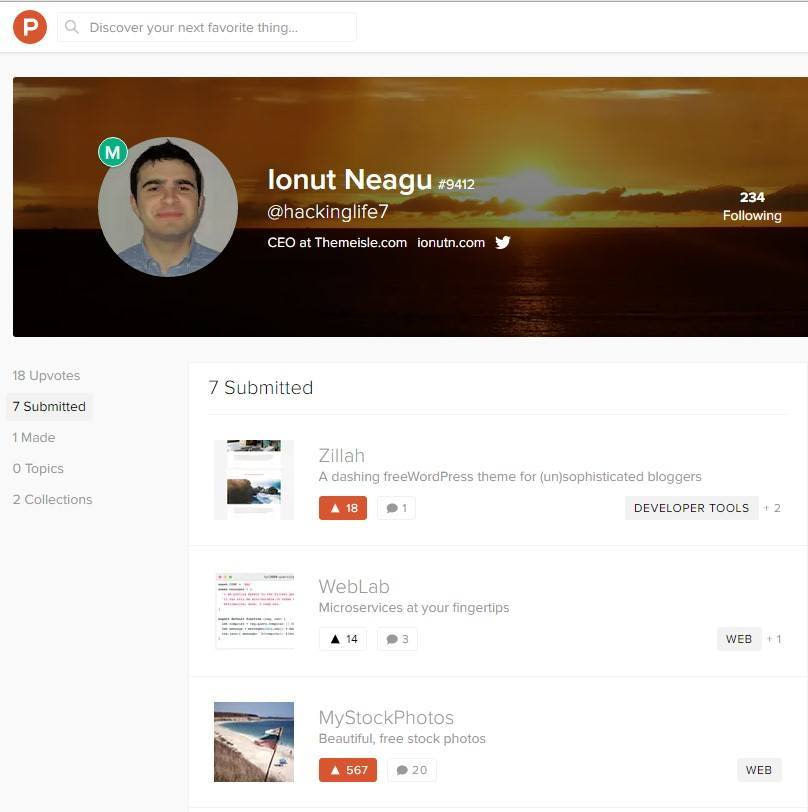 ProductHunt profile