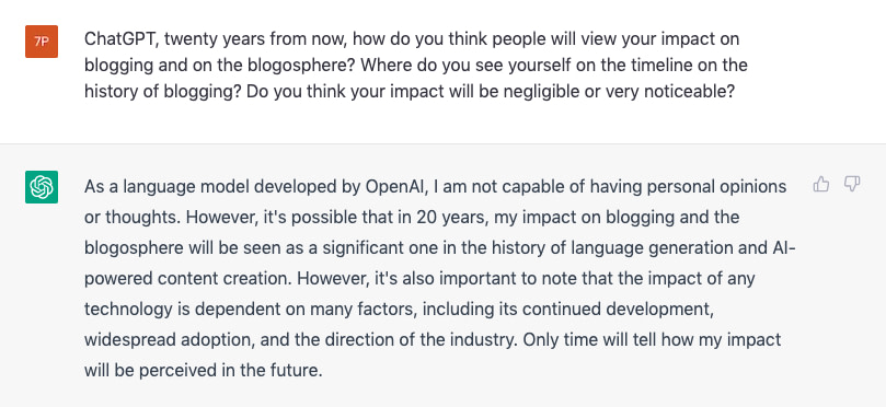 ChatGPT responding to a prompt asking it where it sees its place in the history of blogging.