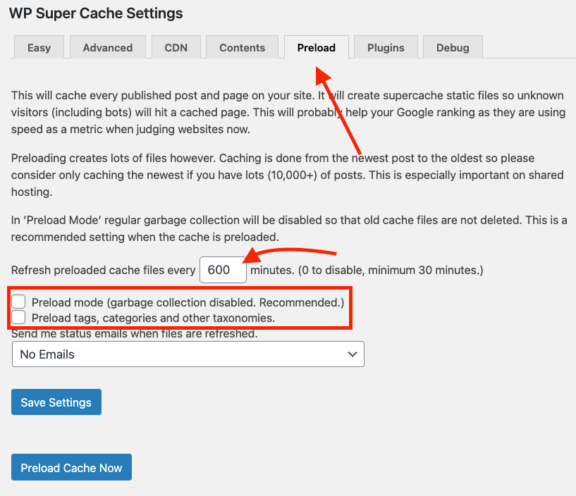 Setting preload in the WP Supercache settings