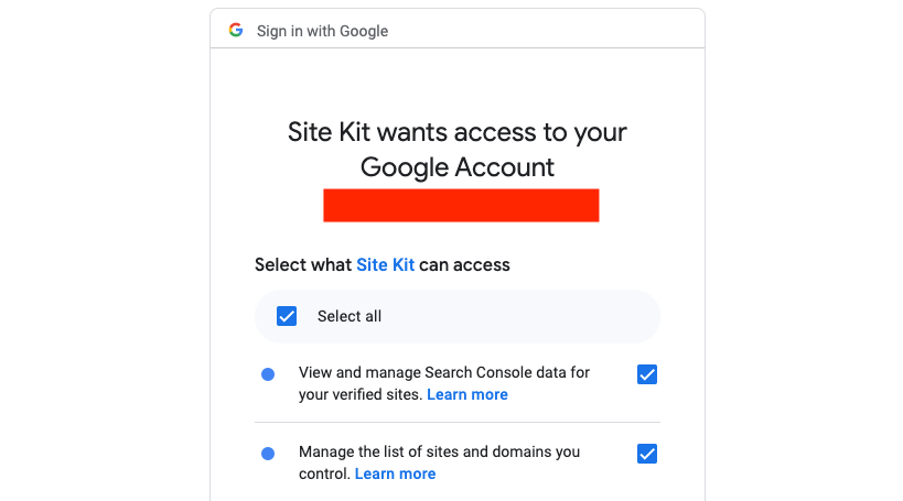 Google Site Kit requesting permission to access your Search Console data