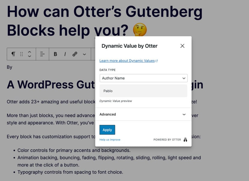 Customizing the author name dynamic value inside the Gutenberg Editor.