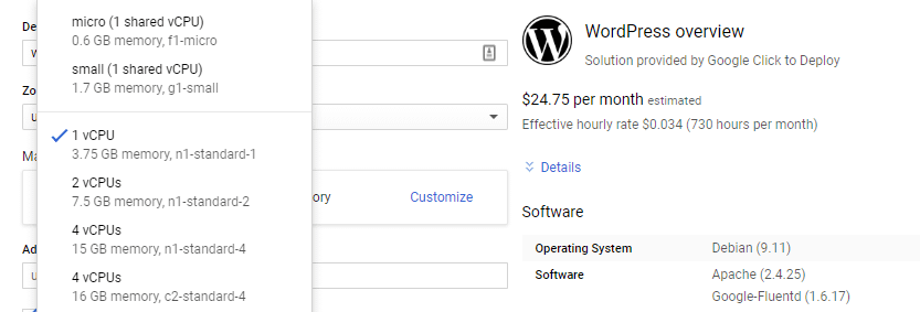 Selecting a 1 vCPU 4 GB machine.