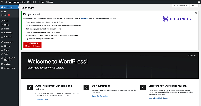 The back end of a WordPress site hosted with 000webhost.