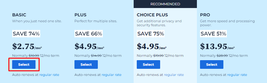 Select your plan to buy hosting and a domain name.