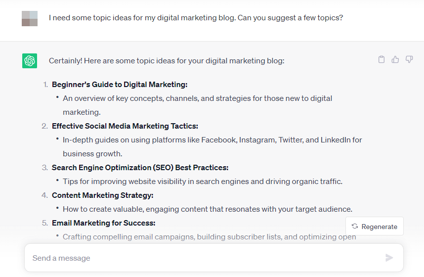 Generating topic ideas with ChatGPT as part of a content strategy.