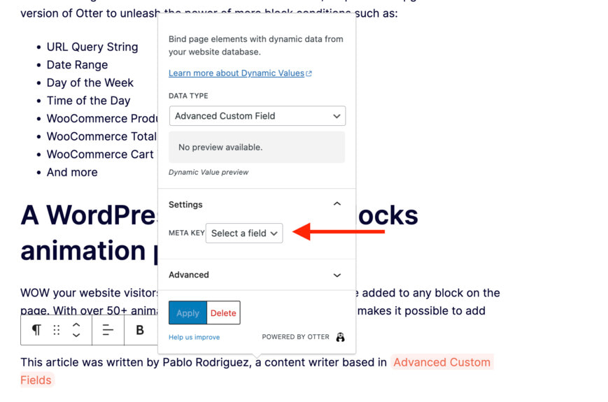 Choosing the "select a field" option to continue the process of pulling the information from advanced custom fields.