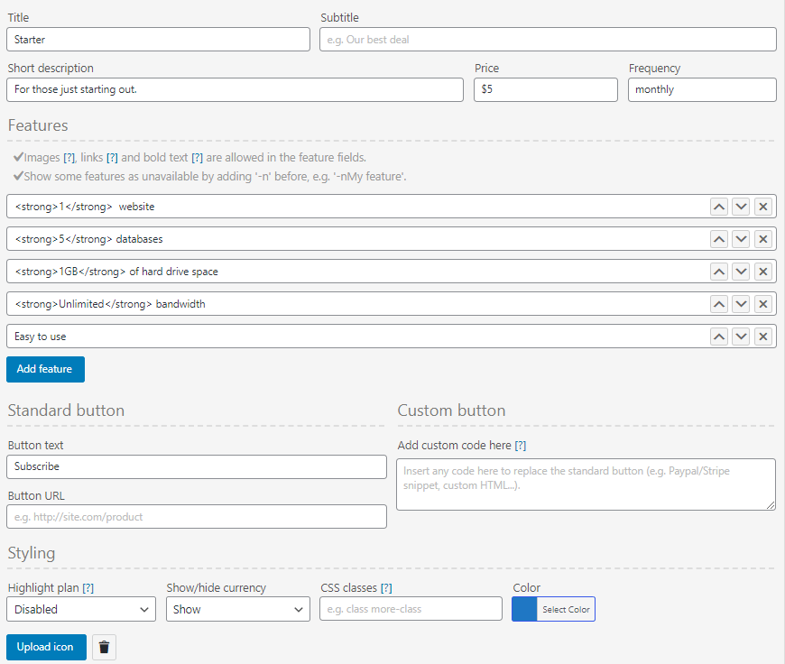 how to create a pricing table.