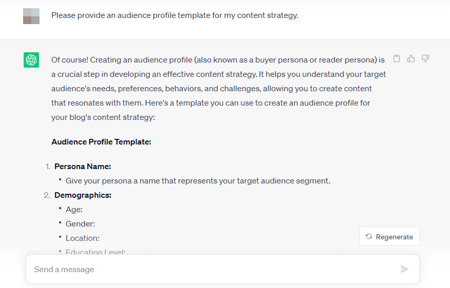 Asking ChatGPT to generate an audience template as part of a content strategy.