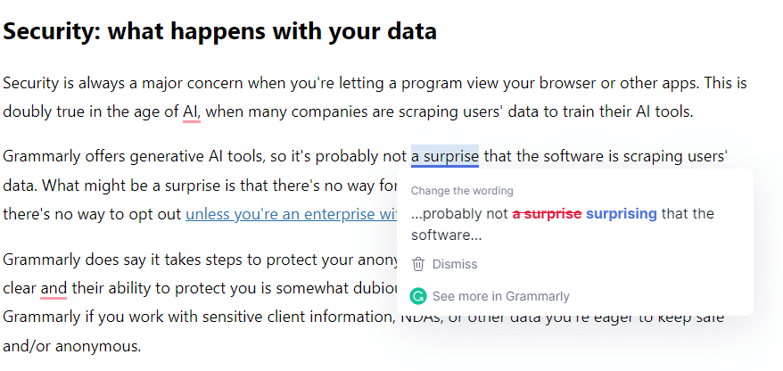 Blog post with a few Grammarly Premium suggestions visible. The suggestion to switch out "a surprise" for "surprising" is highlighted.