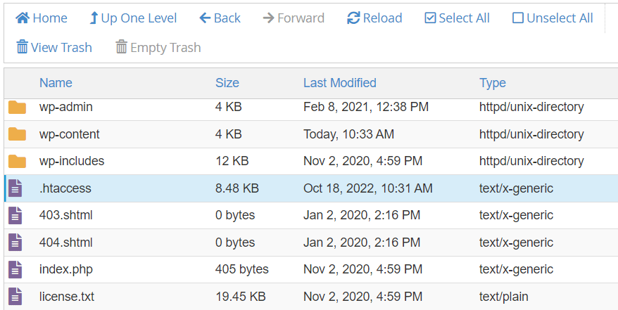 The .htaccess file as seen in the FTP file manager.