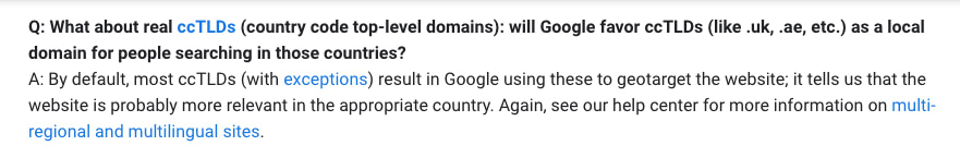 Google's response to choosing domain names that end with a country code and how it can affect your search rankings.
