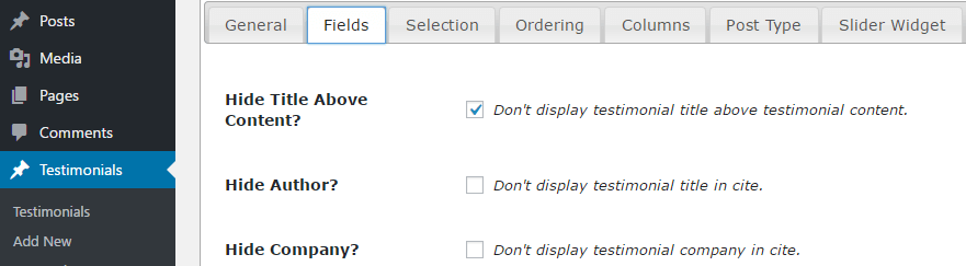 Choosing which fields your WordPress testimonials will include.