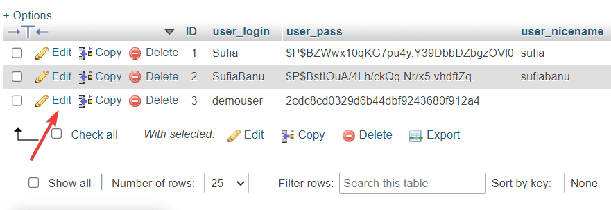 editing user in phpmyadmin database