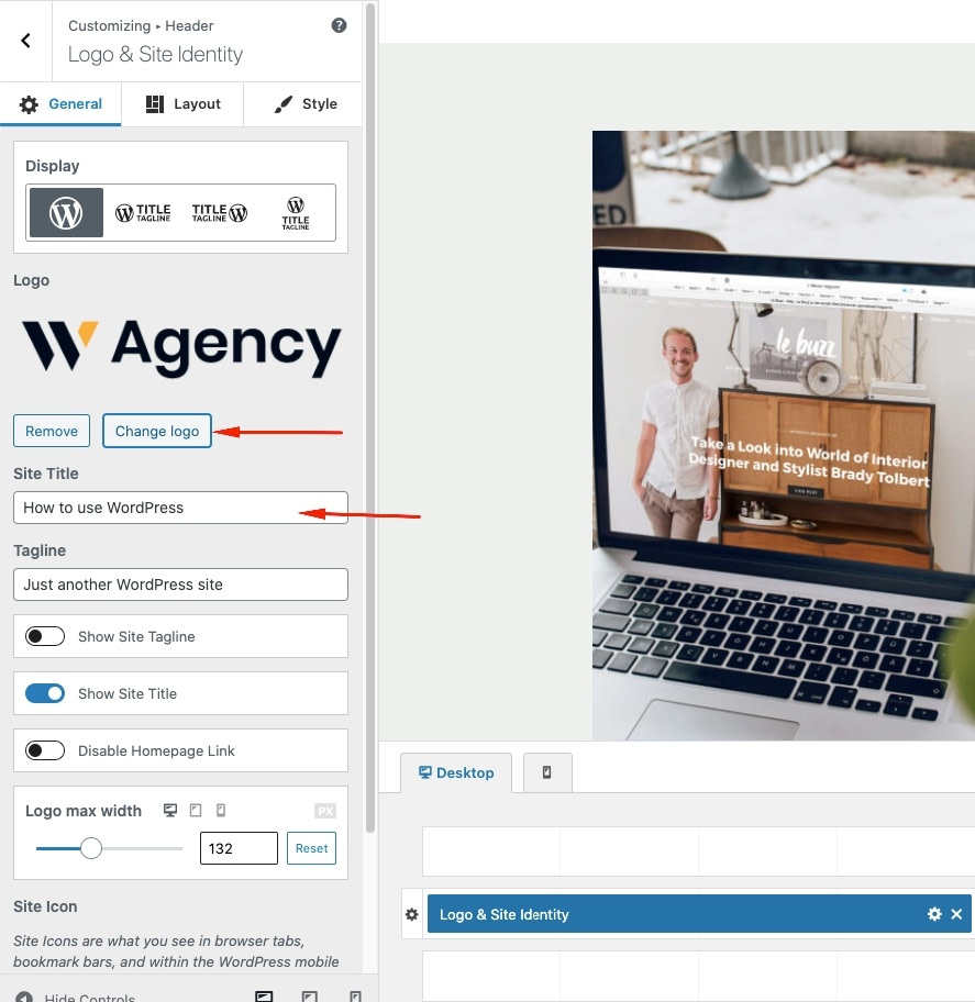 How to change your logo and site name in the WordPress customizer
