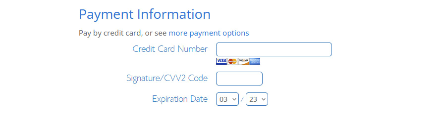 Providing payment information during the Bluehost checkout process.