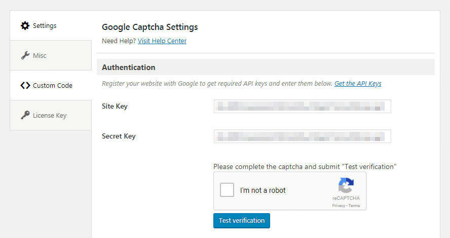 The Google Captcha plugin testing option.