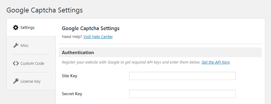 The Google Captcha plugin settings.