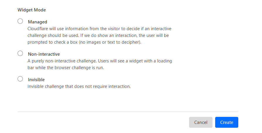 Selecting a widget mode for your Cloudflare captcha.