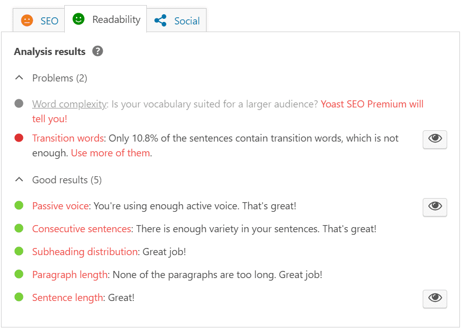 Yoast SEO review readability analysis.