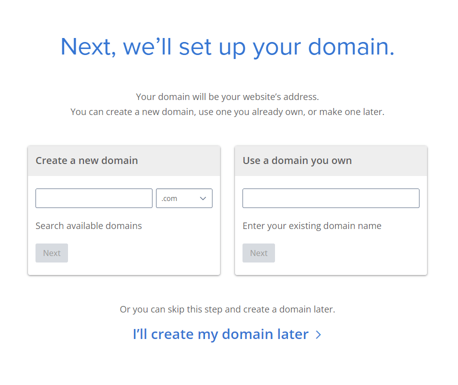 Create a new domain or use a domain you own during the Bluehost signup process.