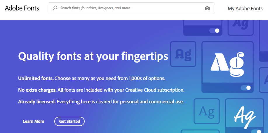 The Adobe Fonts homepage.