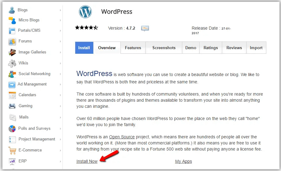 Click to install WordPress