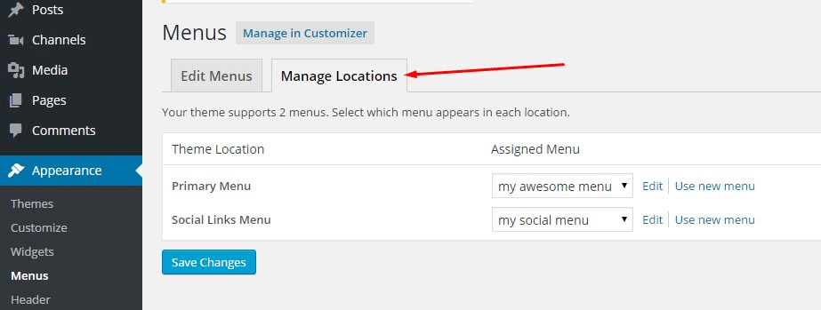 manage locations of custom menus