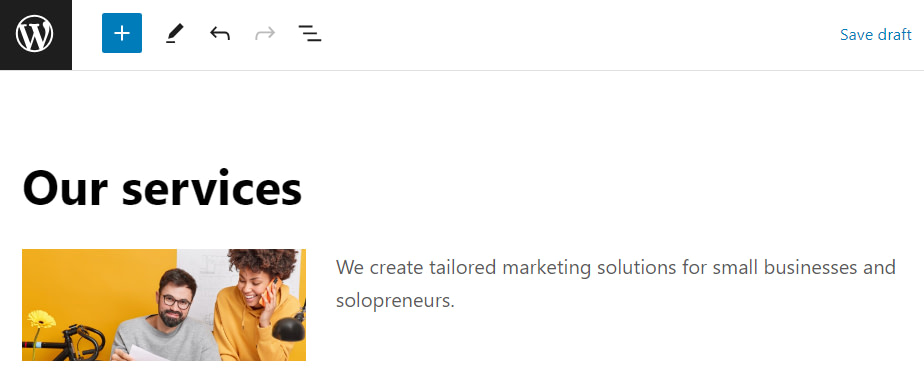 Example of elements in a WordPress column block.