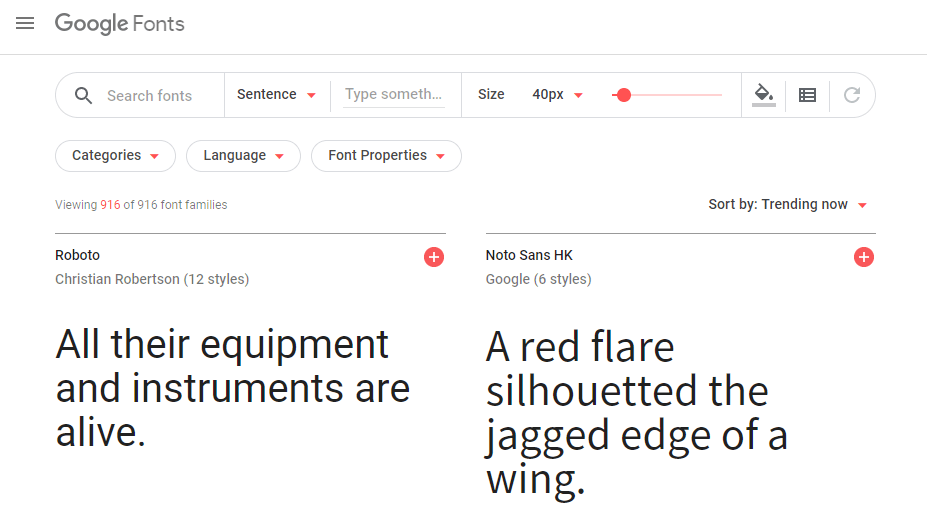 The Google Fonts homepage.