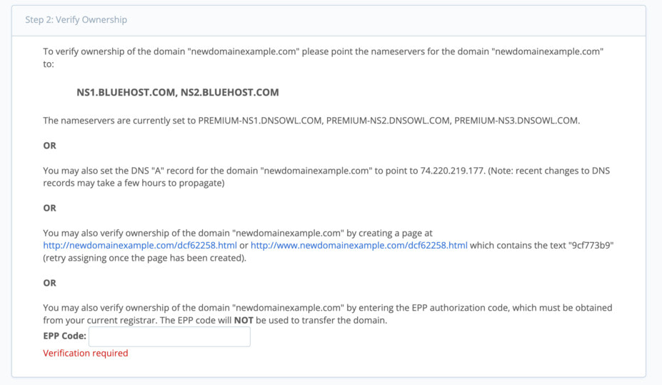 Bluehost park domains third step