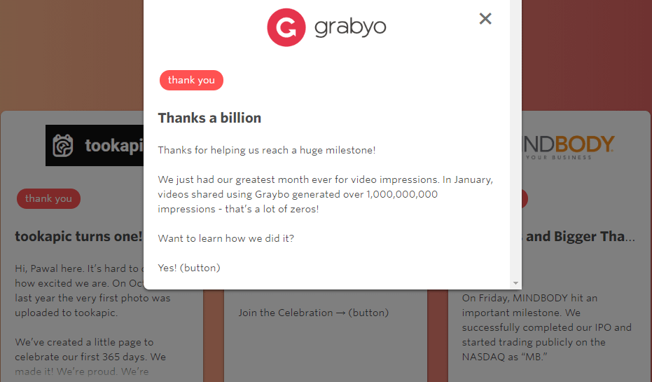 A thank you email marketing campaign from Grabyo.