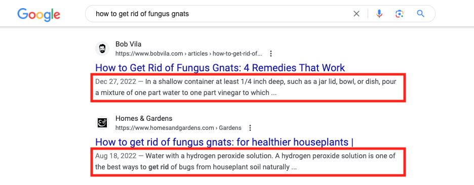 An example of regular snippets, usually pulled from the meta description, in Google search results