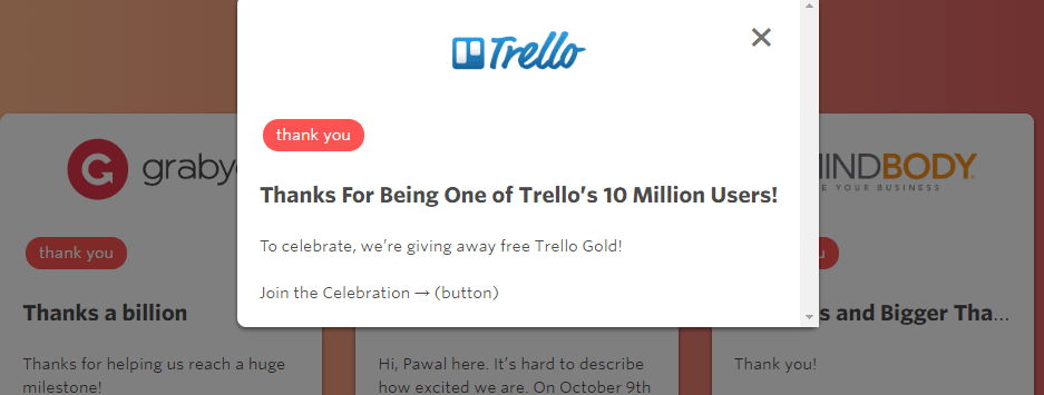 A thank you message from Trello, including a gift.