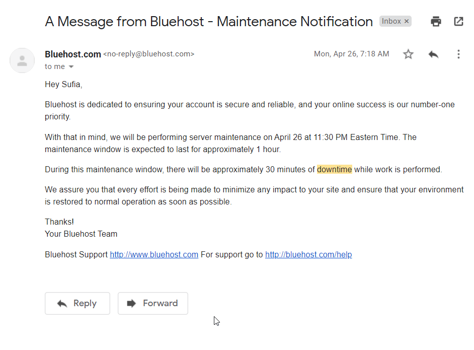 502 bad gateway error with WordPress can occur when servers are taken offline. Bluehost shares a maintenance email to prepare customers