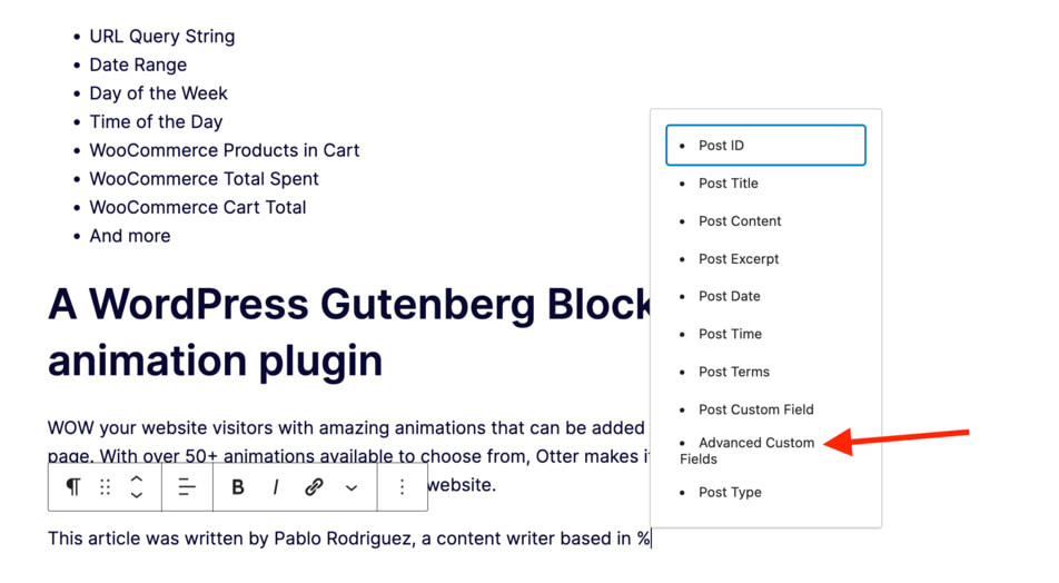 Adding Gutenberg dynamic content to a page by selecting the "advanced custom fields" option from the dropdown menu.