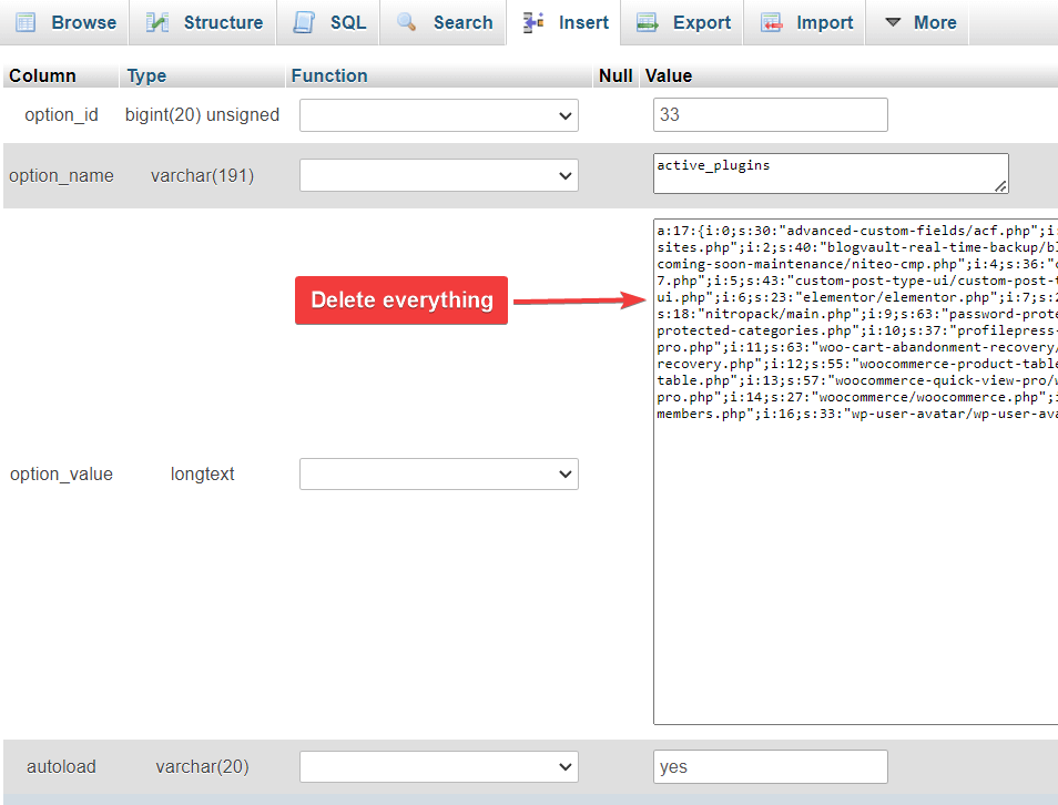 delete option value content in phpmyadmin database