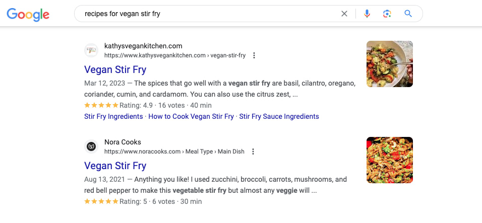 Rich snippets visible in Google when searching for vegan stir fry