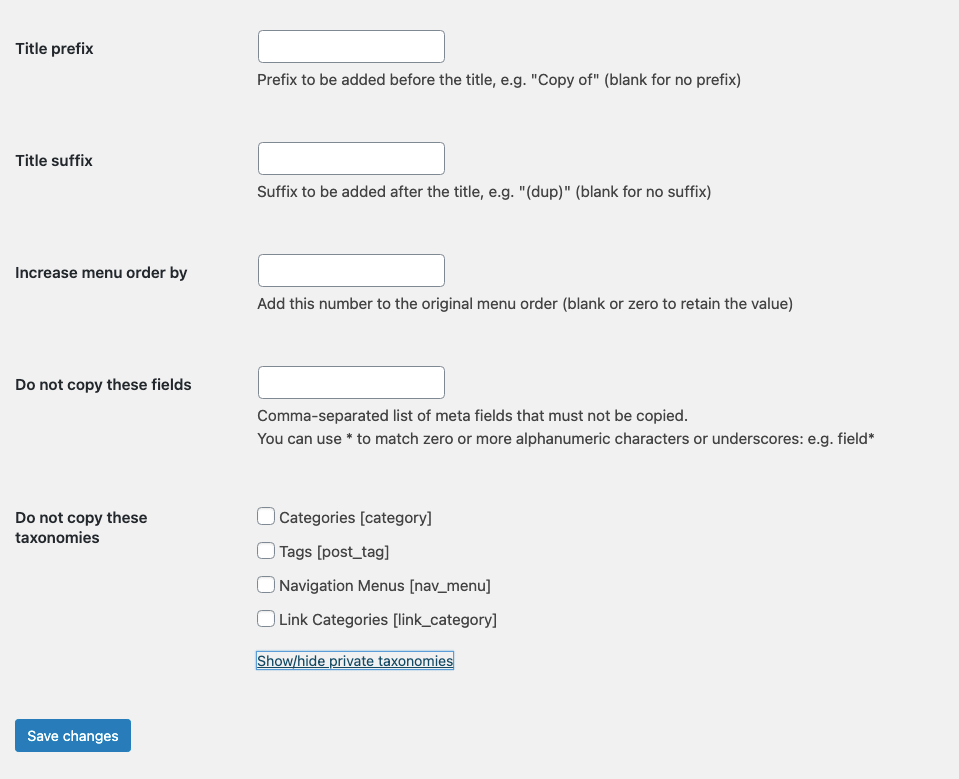 The duplicate post plugin options for copying