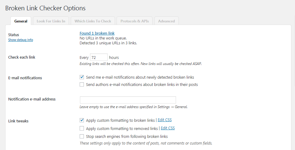 The Broken Link Checker plugin settings.